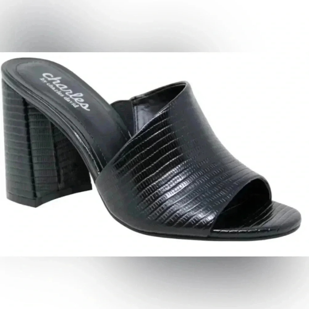 Charles Reveal Black Lizard Embossed Sandals Size 7.5 New with Tags